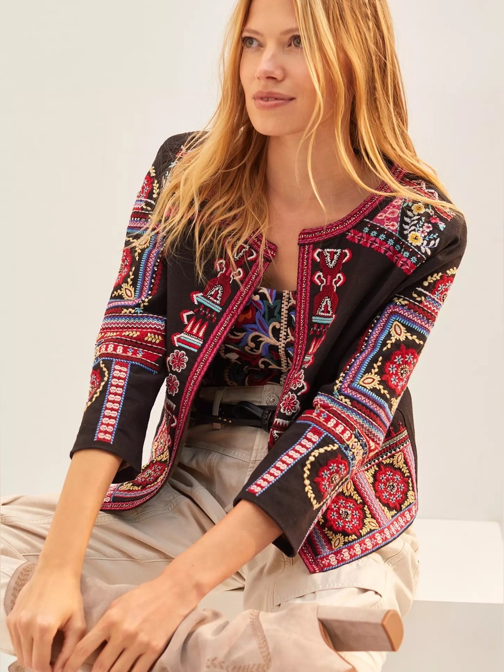 Anthropologie Abstract Embroidered Jacket Size Small Black Multicolor Boho Artsy